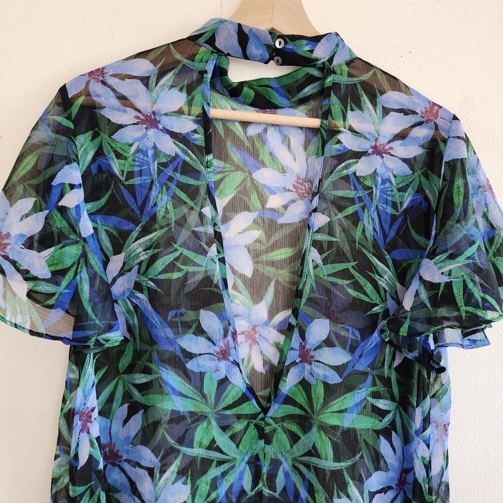 2/$20 Forever 21 Blue Green Floral Print Semi Sheer A Line Dress Size - Picture 14 of 16